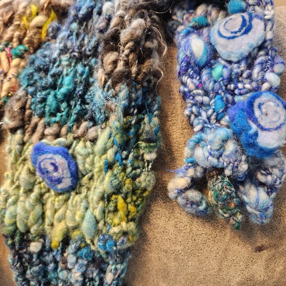 Scarf, knitted with art yarn, new handmade, light and soft, colorful 70x6 inch. - Picture 3 of 6